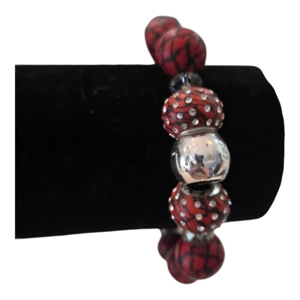 Viva Red Clay Beads PartyLite Stretch Bracelet With Rhinestones - Picture 2 of 11